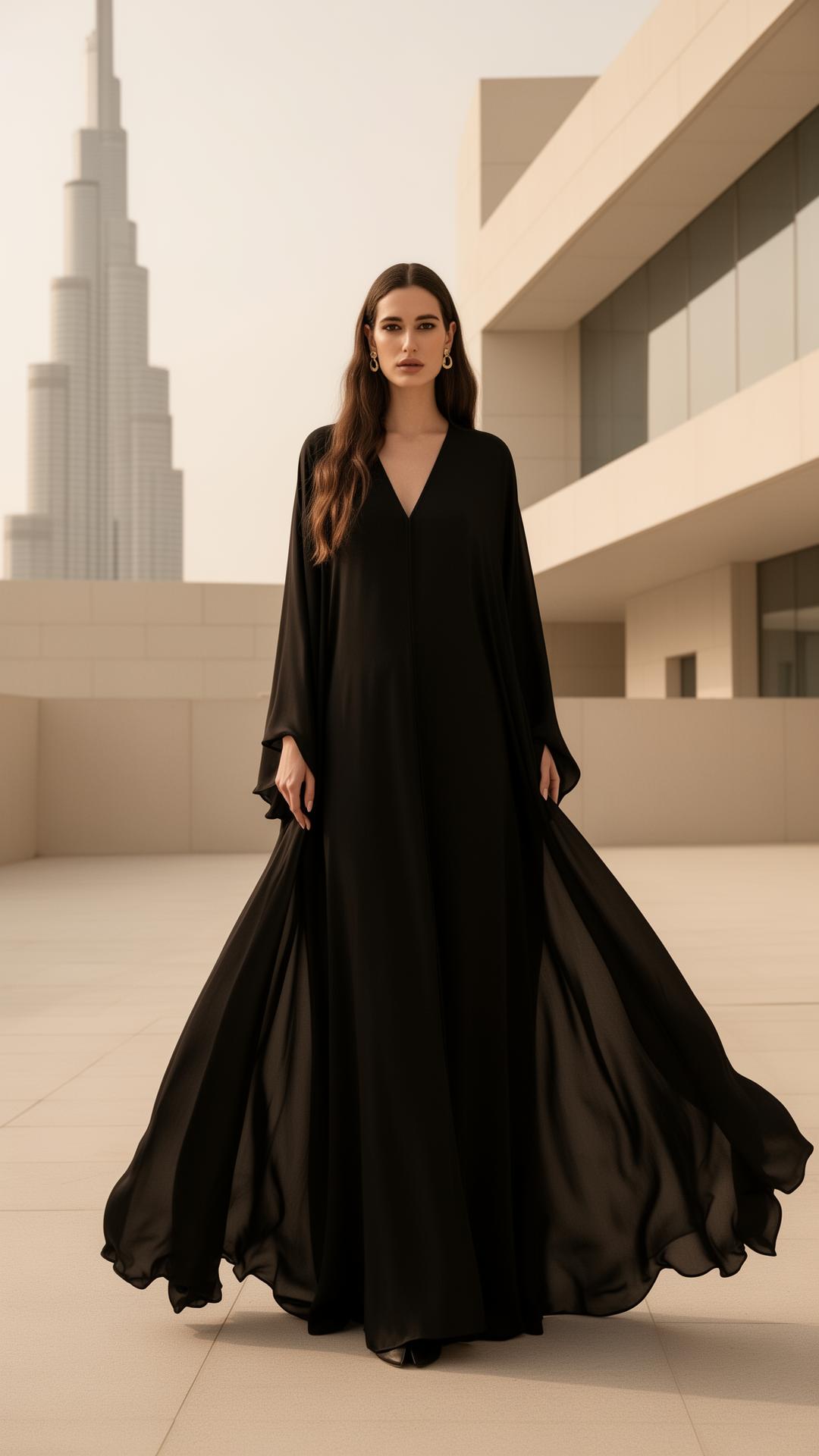 Model in a flowing black silk abaya against minimalist Cairo architecture